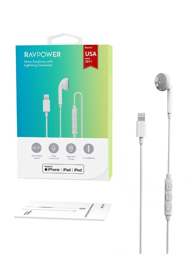 RAVPOWER - Mono Earphone with Lightning Plug & In-Line Remote, Hands-Free Calling, Crystal Clear Audio, Ergonomic Fit, 1.2M Cable BH1004 Black - Image 1