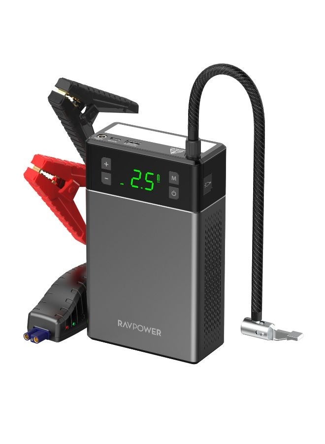 RAVPOWER 12000mAh 2-in-1 Jump Starter with Air Compressor, Supports 3L Diesel & 6L Gas Engines, Power Bank for Phones/Tablets, Emergency Lights, Comprehensive Safety Features, PB1213 - Image 1