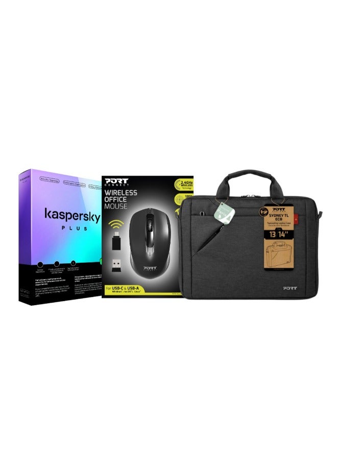 Port Kaspersky Plus 3 Devices 1 Year + PORT SYDNEY Bag ECO 13"/14" + PORT 2.4GHz Wireless Mouse | Black - Image 1