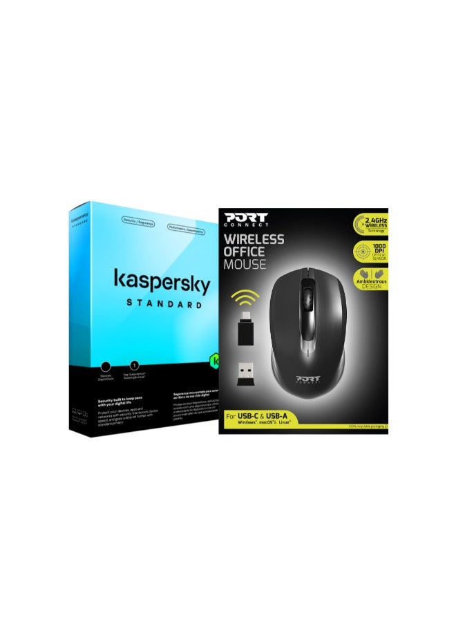 Port Kaspersky Standard 1 Device 1 Year + PORT 2.4GHz Wireless Mouse | Black - Image 1
