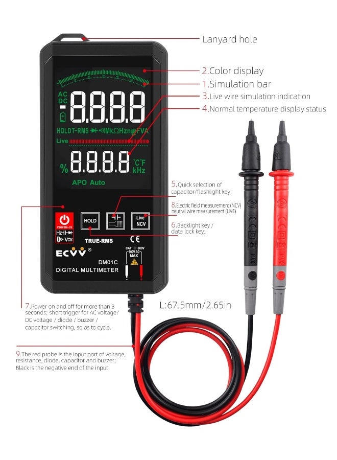 ECVV Ecvv Touch Digital Multimeter Color Display Auto Recognition Mini Ncv Handheld Multimeter 1000V Dc Voltage Meter Large Screen Universal Meter Color Display  - Image 2