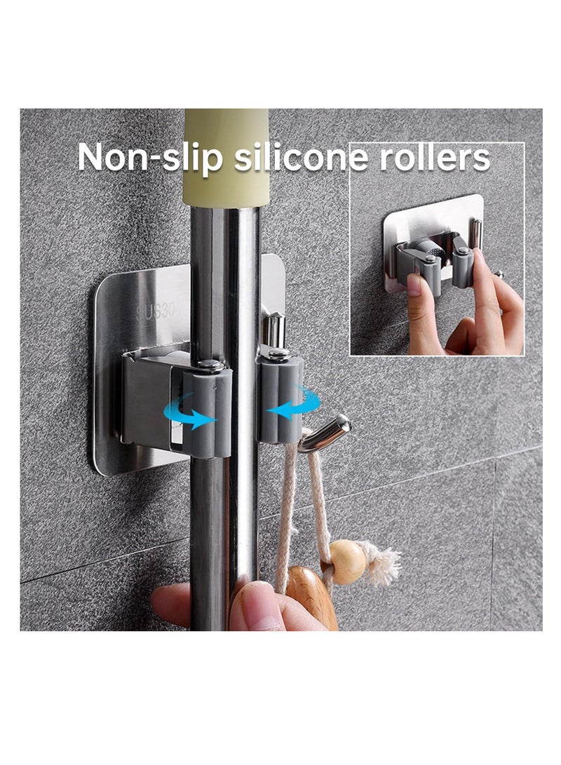 إي سي في في ECVV Mop Broom Holder, 4PCS Wall Mount Stainless Steel Garage Holder, Self-Adhesive Tool Organizer, Heavy Duty Hook Hanger No Drill for Home, Kitchen, Garden, Bathroom Wall Hooks Storage-Silver - Image 2