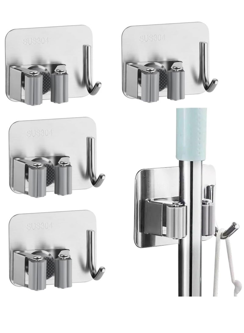 إي سي في في ECVV Mop Broom Holder, 4PCS Wall Mount Stainless Steel Garage Holder, Self-Adhesive Tool Organizer, Heavy Duty Hook Hanger No Drill for Home, Kitchen, Garden, Bathroom Wall Hooks Storage-Silver - Image 1