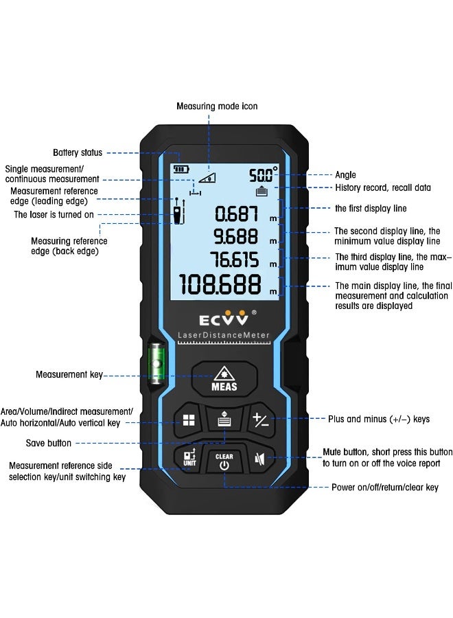 ECVV Range Finder, Distance Meter, Portable Handle Digital Laser Measure Tool Tape Measure Area Volume 60M Range With Bubble Level And Lcd 4 Line Display multi - Image 2