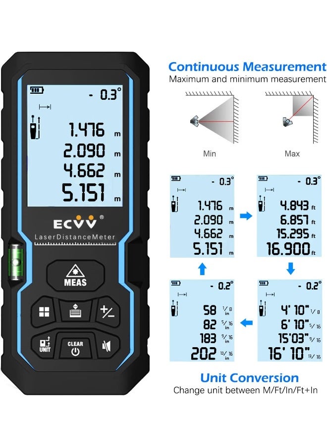 ECVV Range Finder, Distance Meter, Portable Handle Digital Laser Measure Tool Tape Measure Area Volume 60M Range With Bubble Level And Lcd 4 Line Display multi - Image 5