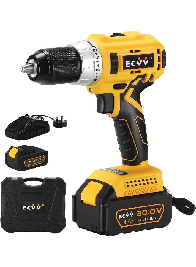 ECVV Cordless Drill Driver Kit 80Nm Torque With 1 Packs 4.0Ah Li-ion Batteries And Fast Charger 20V Brushless 2-Variable Speed 13mm Metal Chuck For Fastening And Drilling Yellow and Black  - Image 1