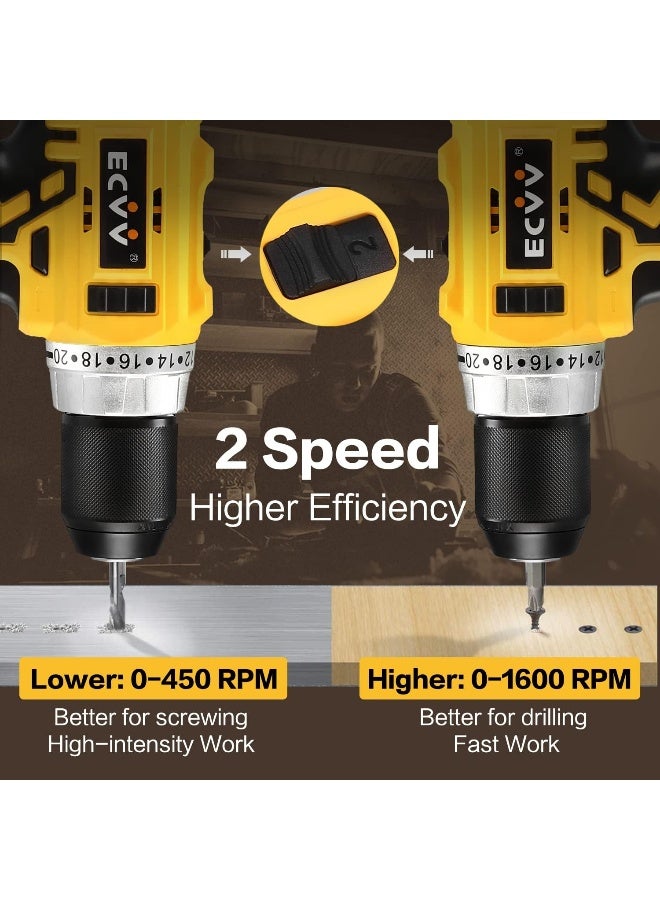ECVV Cordless Drill Driver Kit 80Nm Torque With 1 Packs 4.0Ah Li-ion Batteries And Fast Charger 20V Brushless 2-Variable Speed 13mm Metal Chuck For Fastening And Drilling Yellow and Black  - Image 5