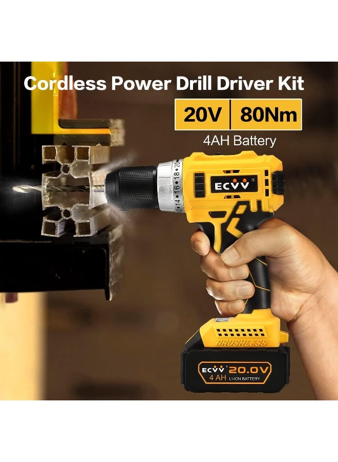 ECVV Cordless Drill Driver Kit 80Nm Torque With 1 Packs 4.0Ah Li-ion Batteries And Fast Charger 20V Brushless 2-Variable Speed 13mm Metal Chuck For Fastening And Drilling Yellow and Black  - Image 2