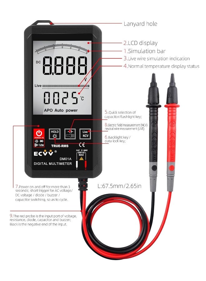 ECVV ECVV Touch Digital Multimeter Color Display Auto Recognition Mini NCV Handheld Multimeter 1000V DC Voltage Meter Large Screen Universal Meter triple display LCD  - Image 2