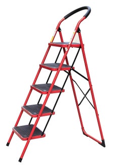 ECVV Hawk King 5 Step House Steel Ladder Multi-Function Staircase Red Color With Wide Pedal Step Stool 50W x 179H centimeterscm  - Image 1