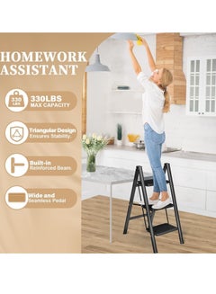 ECVV 3 Step) Ladder, Folding Step Stool for Adults, Lightweight Aluminum Step Ladder, Portable 330 LBS Capacity Ladders for Home Kitchen Library Office, Small Step Stools with Anti-Slip Wide Pedals  - Image 3