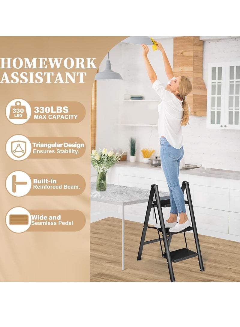 إي سي في في 3 Step) Ladder, Folding Step Stool for Adults, Lightweight Aluminum Step Ladder, Portable 330 LBS Capacity Ladders for Home Kitchen Library Office, Small Step Stools with Anti-Slip Wide Pedals  - Image 3