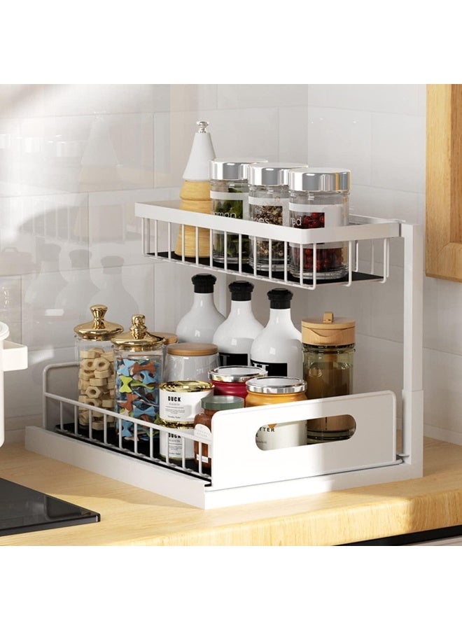 ECVV 2 Tier Kitchen Storage Shelves, Under Sink Organizers and Storage, Pull Out Drawers Sliding Shelf Bathroom Countertop Organizer Rack L-Shaped White  - Image 4
