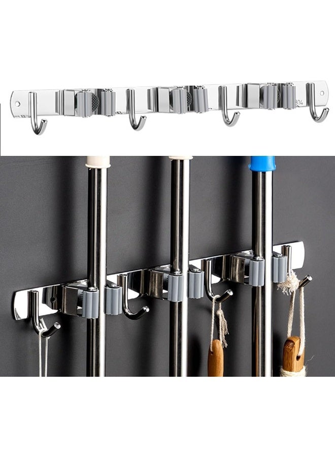 إي سي في في Mop Broom Holder, Wall Mount Stainless Steel Hanger, Self-Adhesive Tool Organizer, 3 Racks 4 Hooks Heavy Duty Rack No Drill for Home, Garage, Kitchen, Garden, Bathroom Storage-Silver Silver  - Image 1
