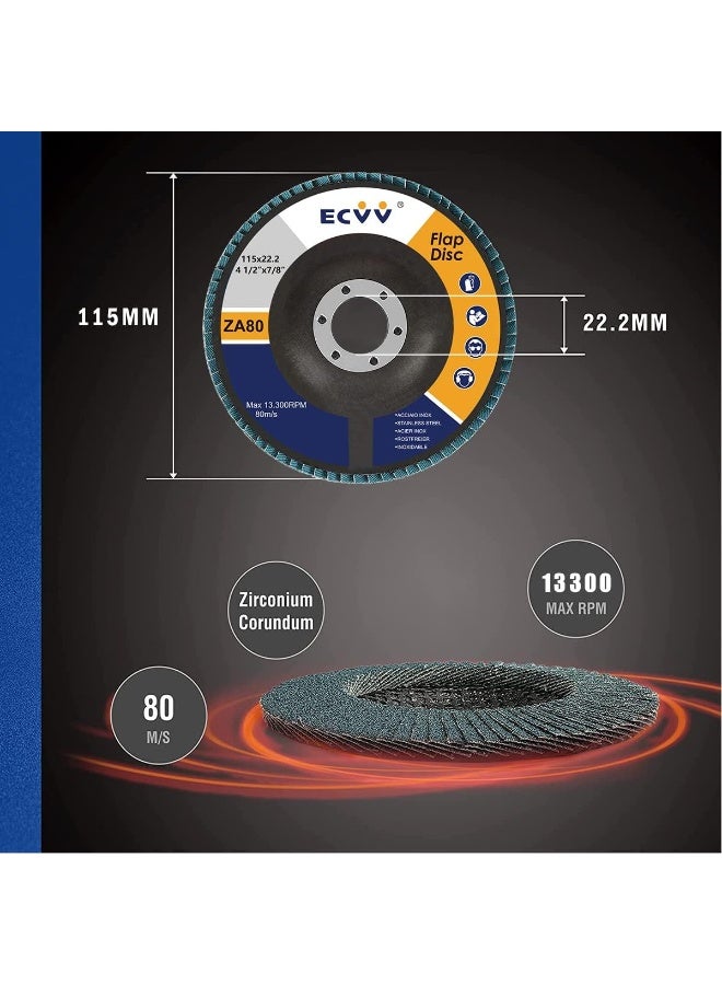 ECVV 10 Pack Flap Disc 115mm (4.5”) Flapper Wheel Fine Processing Grinding Wheels Flap Disc for Angle Grinder Wood & Metal Sanding (80 Grit) - pack of 10 Blue - Image 3