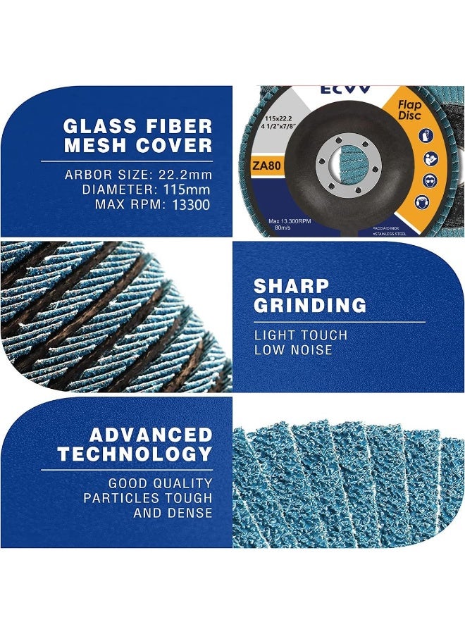 ECVV 10 Pack Flap Disc 115mm (4.5”) Flapper Wheel Fine Processing Grinding Wheels Flap Disc for Angle Grinder Wood & Metal Sanding (80 Grit) - pack of 10 Blue - Image 2