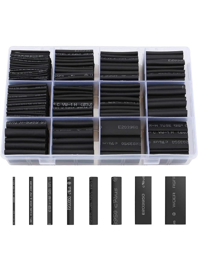 إي سي في في 650Pcs Premium Heat Shrink Tubing Set - Black, 8 Sizes - Assorted Sleeving Tube Wrap Cable Wire Kit for DIY Projects Black  - Image 1