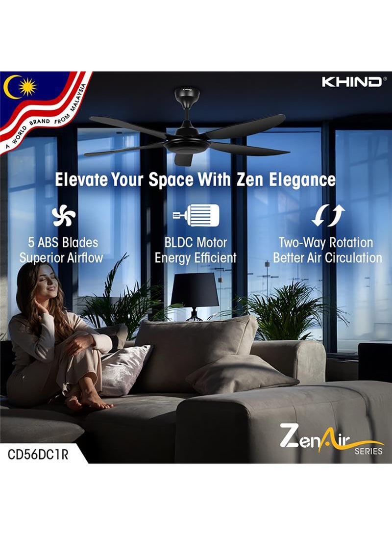 KHIND Zen Air Ceiling Fan 56 Inch Ceiling Fan with Remote Control, Quiet BLDC Motor, Modern 5 ABS Blades, 6 Forward & Reverse Speed Settings, High Airflow, 38W Power 38 W CF56DC1R Black  - Image 2