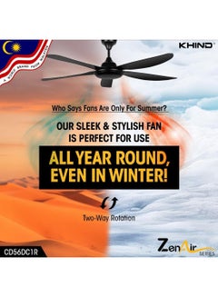 KHIND Zen Air Ceiling Fan 56 Inch Ceiling Fan with Remote Control, Quiet BLDC Motor, Modern 5 ABS Blades, 6 Forward & Reverse Speed Settings, High Airflow, 38W Power 38 W CF56DC1R Black  - Image 4