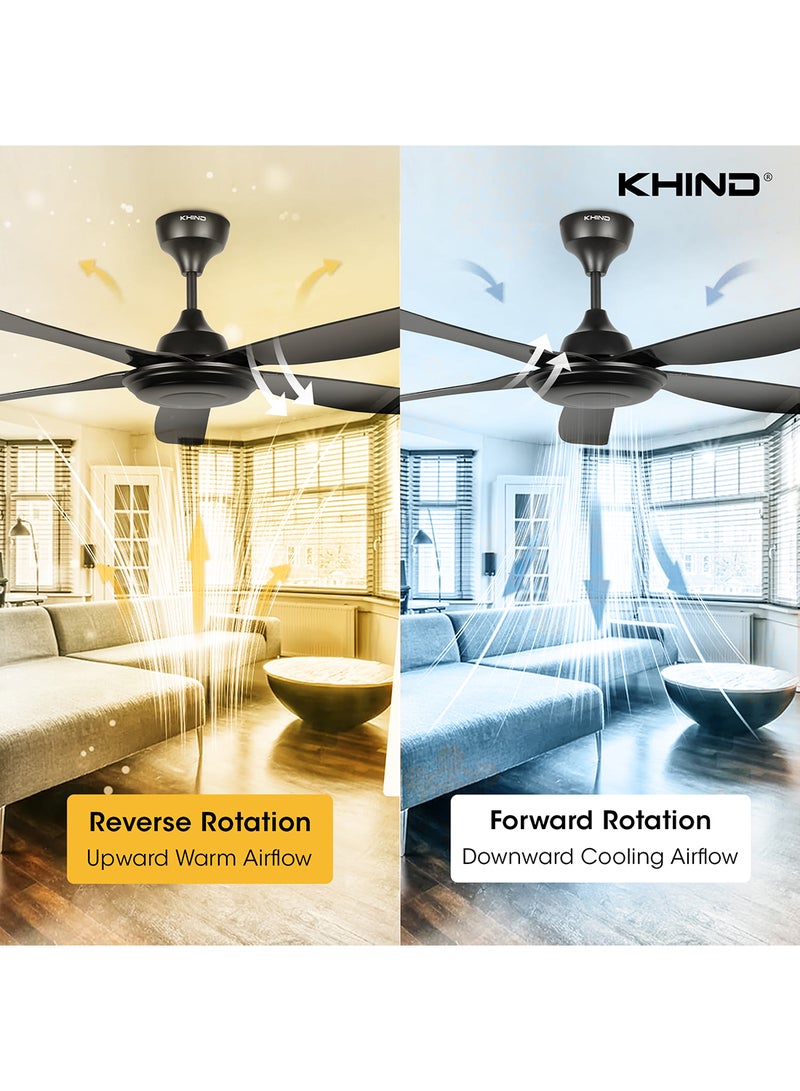 KHIND Zen Air Ceiling Fan 56 Inch Ceiling Fan with Remote Control, Quiet BLDC Motor, Modern 5 ABS Blades, 6 Forward & Reverse Speed Settings, High Airflow, 38W Power 38 W CF56DC1R Black  - Image 5