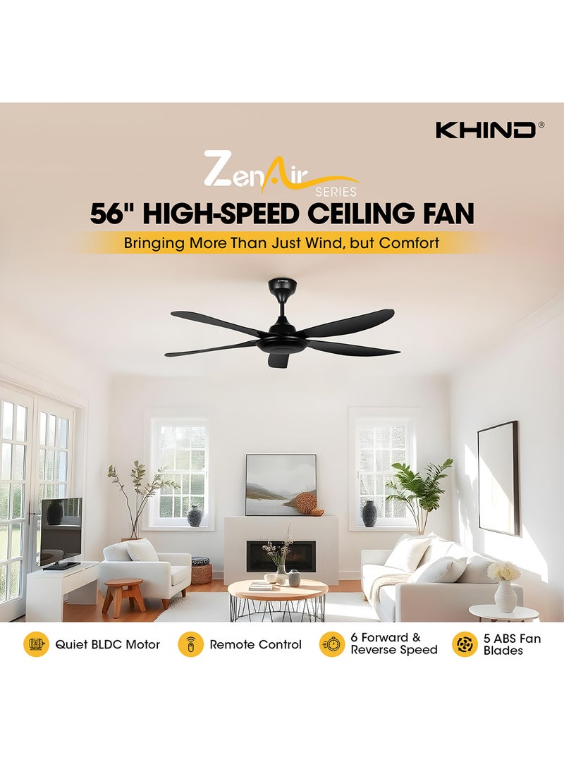 KHIND Zen Air Ceiling Fan 56 Inch Ceiling Fan with Remote Control, Quiet BLDC Motor, Modern 5 ABS Blades, 6 Forward & Reverse Speed Settings, High Airflow, 38W Power 38 W CF56DC1R Black  - Image 2
