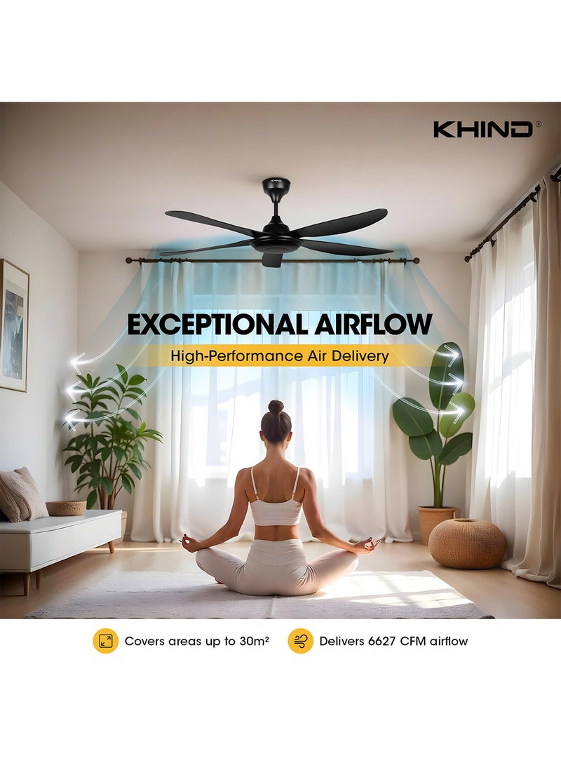 KHIND Zen Air Ceiling Fan 56 Inch Ceiling Fan with Remote Control, Quiet BLDC Motor, Modern 5 ABS Blades, 6 Forward & Reverse Speed Settings, High Airflow, 38W Power 38 W CF56DC1R Black  - Image 3