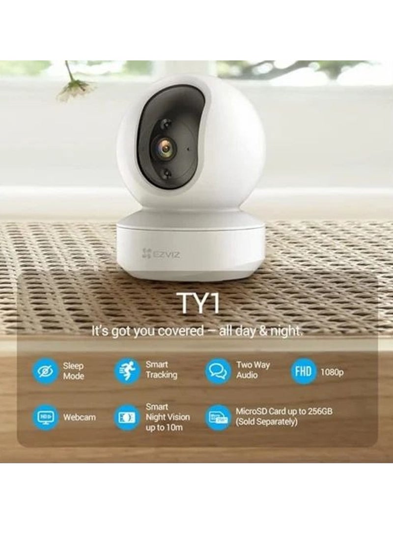 EZVIZ - TY1 Pro 1080p Pan & Tilt Smart Home Camera with Color Night Vision, Auto-Tracking, Human Shape Detection, Patrol Mode, 360° Coverage, H.265 Video Compression, Two-Way Audio, Wi-Fi & Ethernet Connectivity, MicroSD Support (Up to 512GB), Type-C Power Supply, 10m IR Range, Smart Integration with Google Assistant & Alexa - Image 1