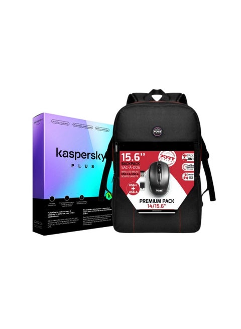 Kaspersky Plus 1 Device 1 Year + Port Backpack 14"/15.6" + Wireless Mouse | Black