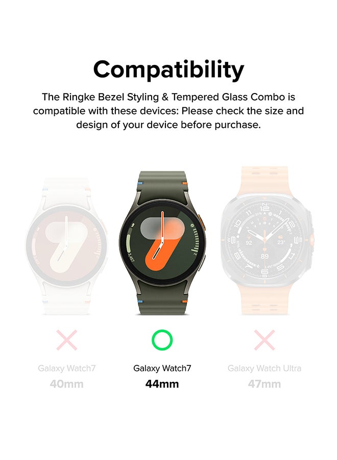 Bezel Styling And Glass Combo For Samsung Galaxy Watch 7 440mm Case, Anti Scratch Protector Adhesive Frame Ring Cover Accessory Full-Coverage Screen Protector- 44-01 - Clear