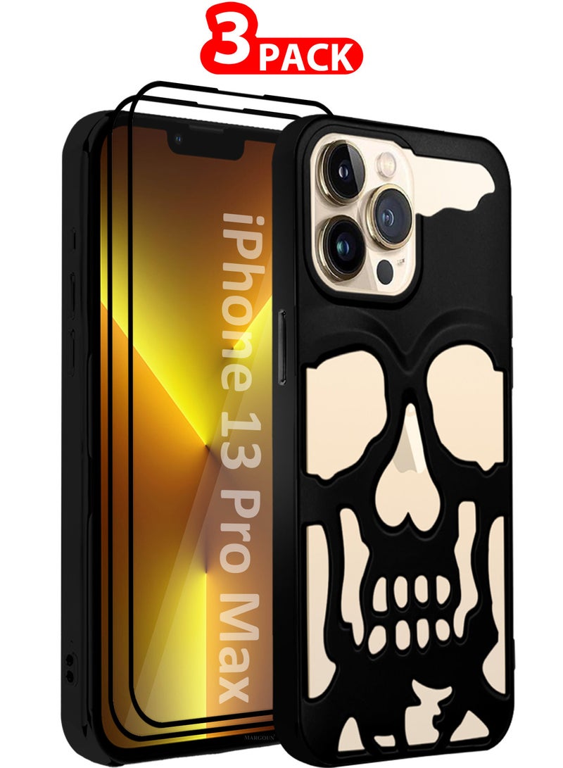 MARGOUN iPhone 13 Pro Max 3Packs Skull Case Cover Soft TPU and Glossy with Two 3D Shockproof Screen Protector Black-3s - Image 1