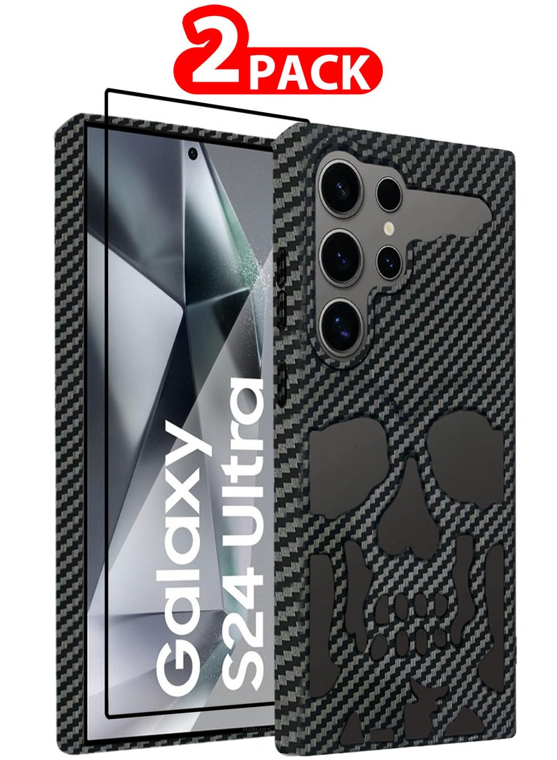 MARGOUN Galaxy S24 Ultra 2Packs Case Cover Soft TPU and Glossy Skull Design with 3D Shockproof Screen Protector Carbon Fiber-2ss - Image 1