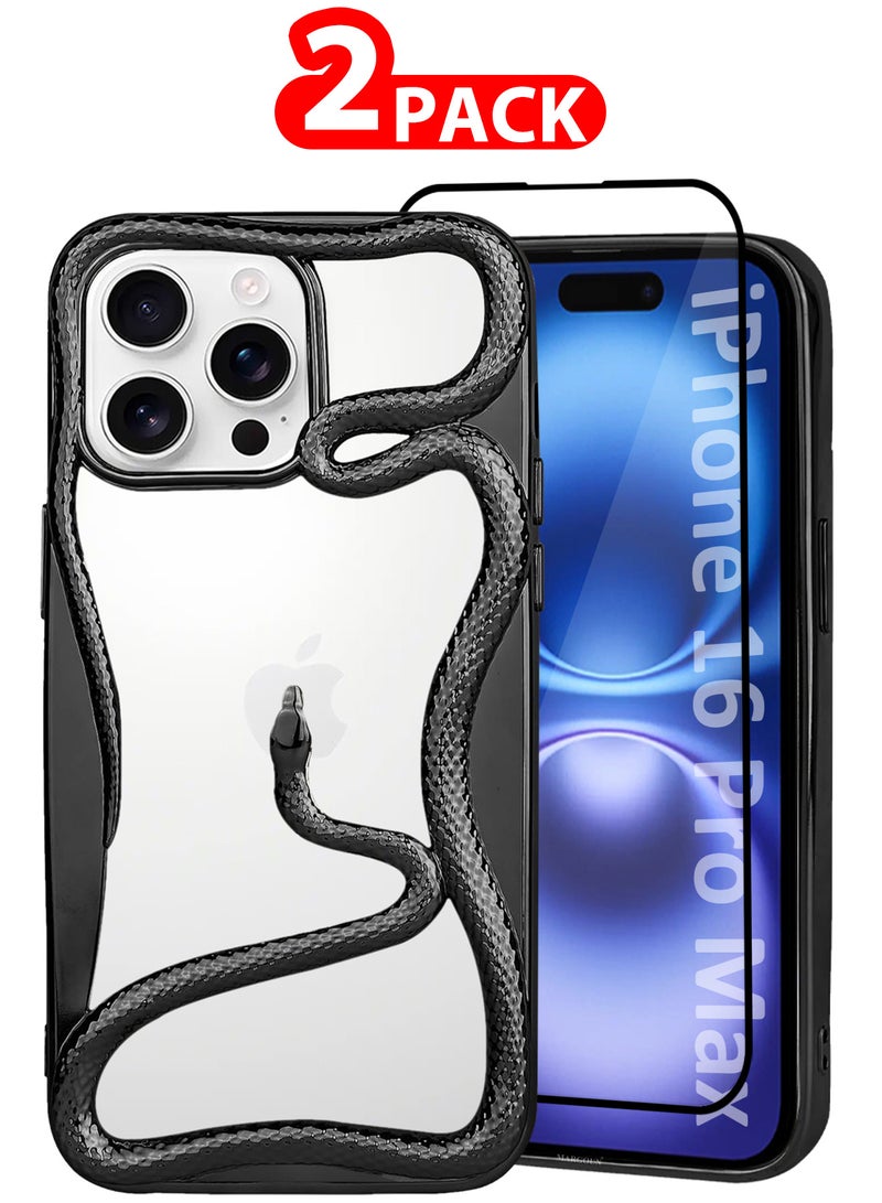 MARGOUN iPhone 16 Pro Max 2Packs Snake Case Cover Soft TPU and Glossy with 3D Shockproof Screen Protector Black-2s  - Image 1