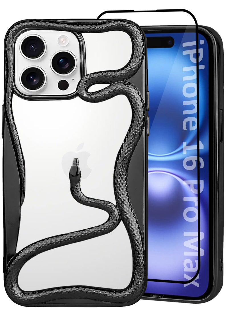 MARGOUN - iPhone 16 Pro Max 2Packs Snake Case Cover Soft TPU and Glossy with 3D Shockproof Screen Protector Black-2s - Image 1
