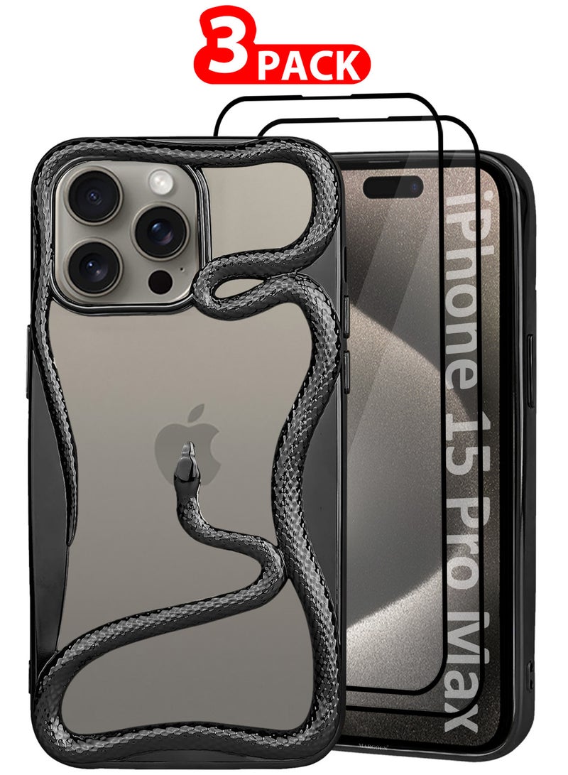MARGOUN iPhone 15 Pro Max 3Packs Snake Case Cover Soft TPU and Glossy with Two 3D Shockproof Screen Protector Black-3s - Image 1