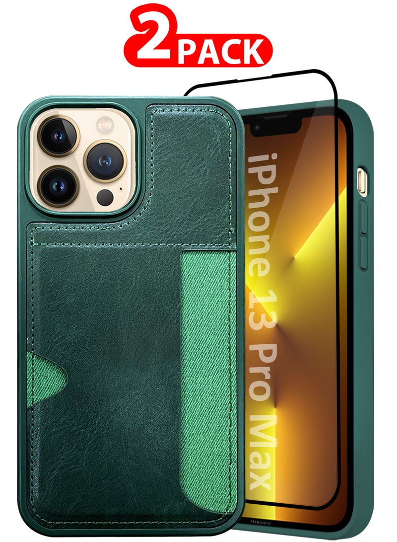 MARGOUN iPhone 13 Pro Max 2Packs Case Leather Antifingerprint Cover with Wallet Card Slot Shell, Side Insert Card Holder, Anti Fall Protection Green-2  - Image 1