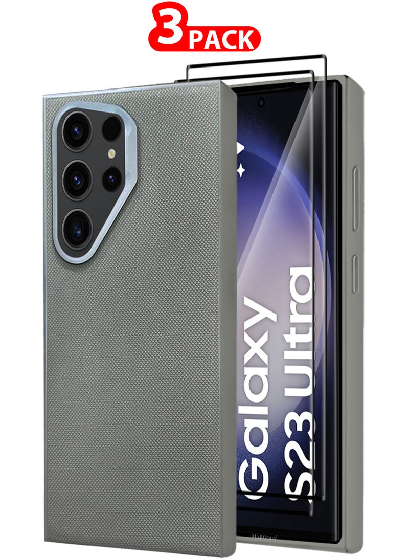 MARGOUN Samsung Galaxy S23 Ultra 3 Pack Vegan Leather Case, 1 Cover with 2 Screen Protectors, Slim Fit, Raised Edges for Camera and Screen Protection Grey-3 - Image 1