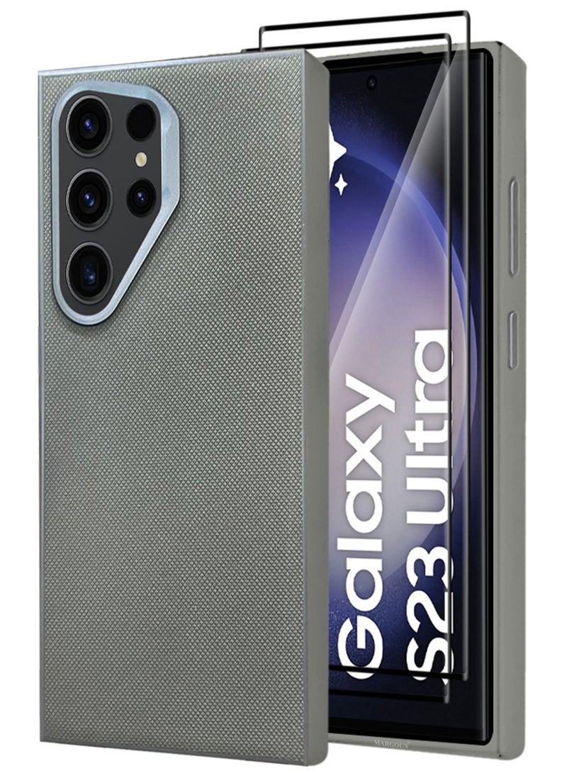 MARGOUN Samsung Galaxy S23 Ultra 3 Pack Vegan Leather Case, 1 Cover with 2 Screen Protectors, Slim Fit, Raised Edges for Camera and Screen Protection Grey-3 - Image 2