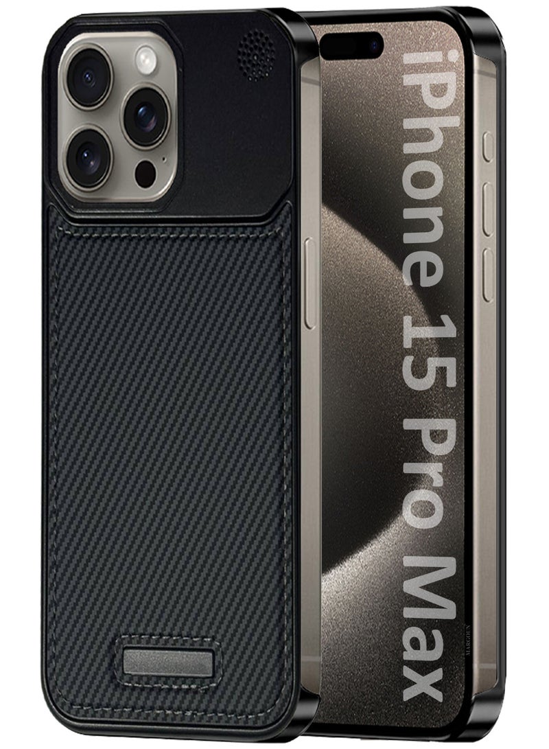 MARGOUN iPhone 15 Pro Max Case Leather Metal Design, Slim Lightweight Minimalist Cover Carbon Black-1  - Image 1