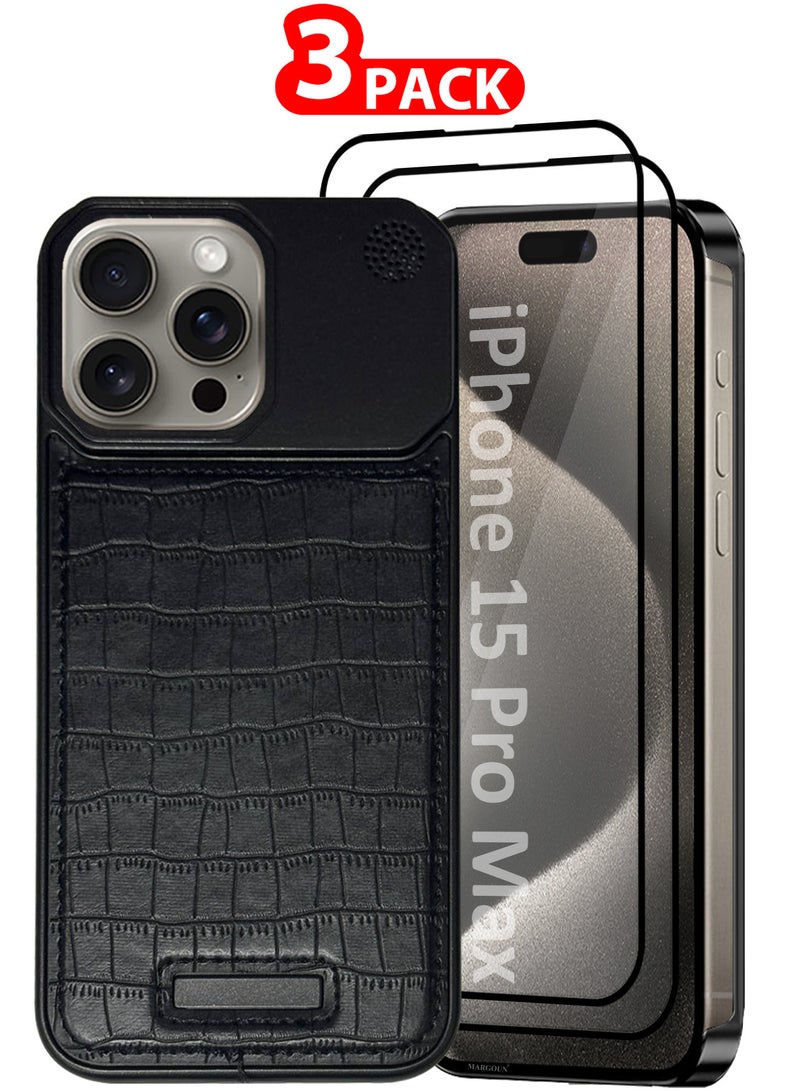 MARGOUN iPhone 15 Pro Max 3 Pack Case Leather Metal Design, Slim Lightweight Minimalist Cover,1 Case 2 Screen Protectors Blackish-3  - Image 1