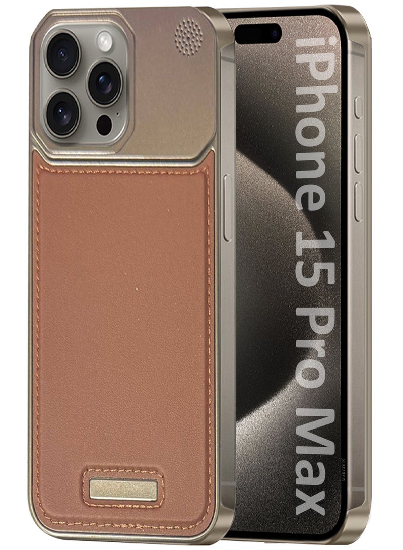MARGOUN iPhone 15 Pro Max Case Leather Metal Design, Slim Lightweight Minimalist Cover Brownie-1 - Image 1