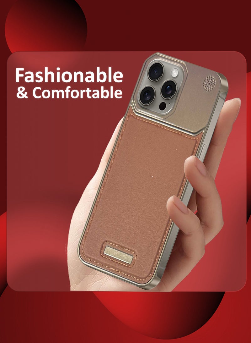 MARGOUN iPhone 15 Pro Max Case Leather Metal Design, Slim Lightweight Minimalist Cover Brownie-1 - Image 3