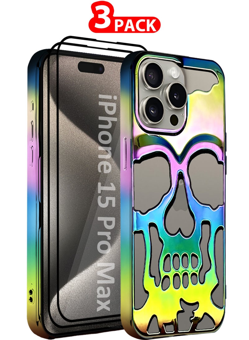MARGOUN iPhone 15 Pro Max 3Packs Skull Case Cover Soft TPU and Glossy with Two 3D Shockproof Screen Protector - Rainbow Rainbow-3s - Image 1