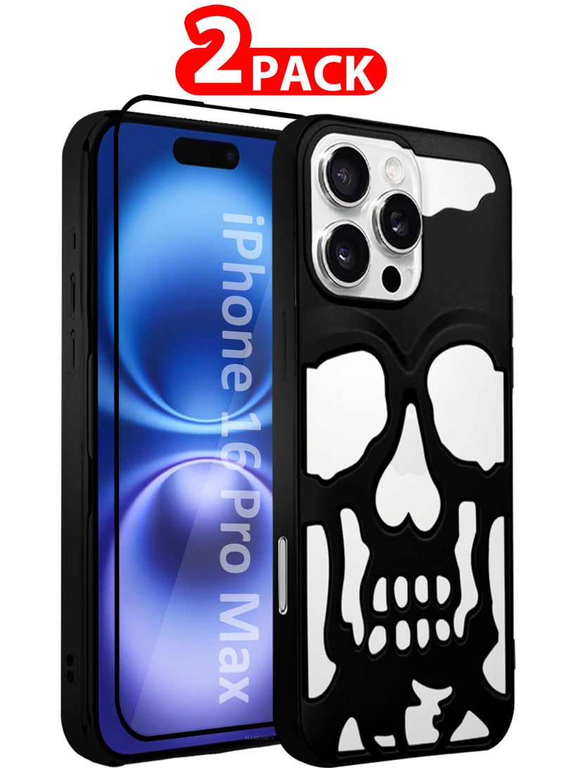 MARGOUN iPhone 16 Pro Max 2Packs Skull Case Cover Soft TPU and Glossy with 3D Shockproof Screen Protector Black-2s - Image 1