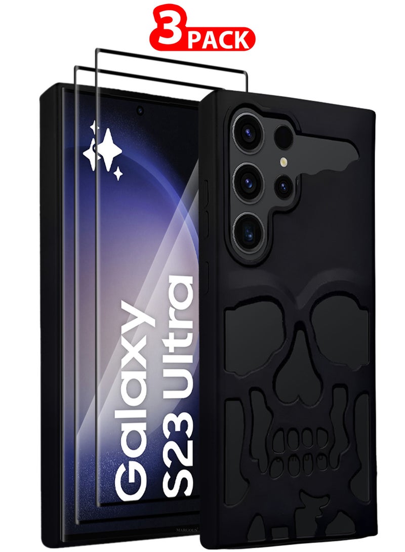 MARGOUN Galaxy S23 Ultra 3Packs Case Cover Soft TPU and Glossy Skull Design with Two 3D Shockproof Screen Protector Black-3ss - Image 1