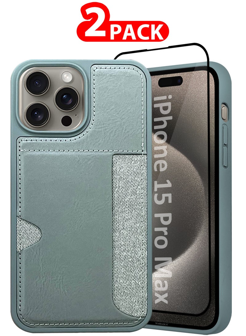 MARGOUN iPhone 15 Pro Max 2Packs Case Leather Antifingerprint Cover with Wallet Card Slot Shell, Side Insert Card Holder, Anti Fall Protection - Grey-2  - Image 1