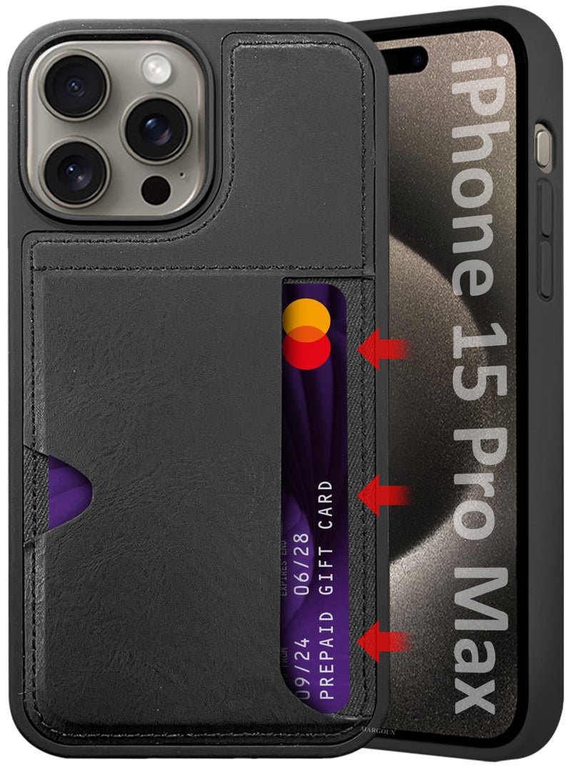 MARGOUN iPhone 15 Pro Max Case Leather Antifingerprint Cover with Wallet Card Slot Shell, Side Insert Card Holder, Anti Fall Protection - Black-1  - Image 1
