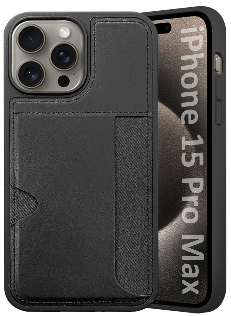 MARGOUN iPhone 15 Pro Max Case Leather Antifingerprint Cover with Wallet Card Slot Shell, Side Insert Card Holder, Anti Fall Protection - Black-1  - Image 4