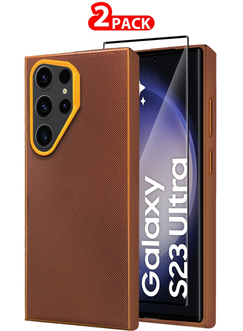 MARGOUN Samsung Galaxy S23 Ultra 2 Pack Vegan Leather Case, 1 Cover with 1 Screen Protector, Slim Fit, Raised Edges for Camera and Screen Protection Brown-2 - Image 1