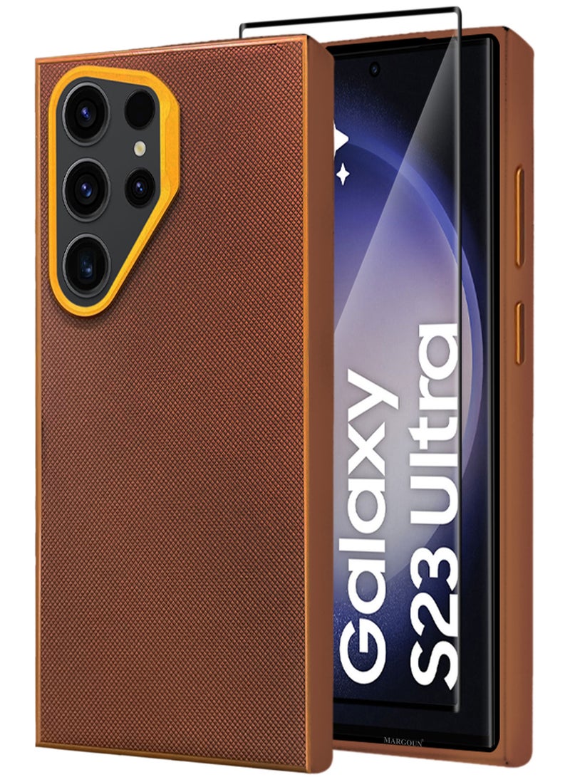 MARGOUN Samsung Galaxy S23 Ultra 2 Pack Vegan Leather Case, 1 Cover with 1 Screen Protector, Slim Fit, Raised Edges for Camera and Screen Protection Brown-2 - Image 2