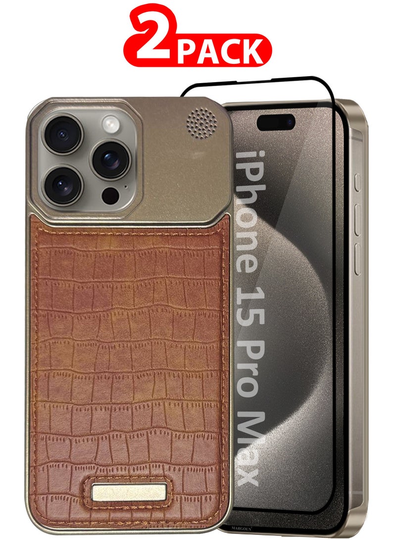 MARGOUN iPhone 15 Pro Max 2 Pack Case Leather Metal Design, Slim Lightweight Minimalist Cover,1 Case 1 Screen Protector Brown-2  - Image 1